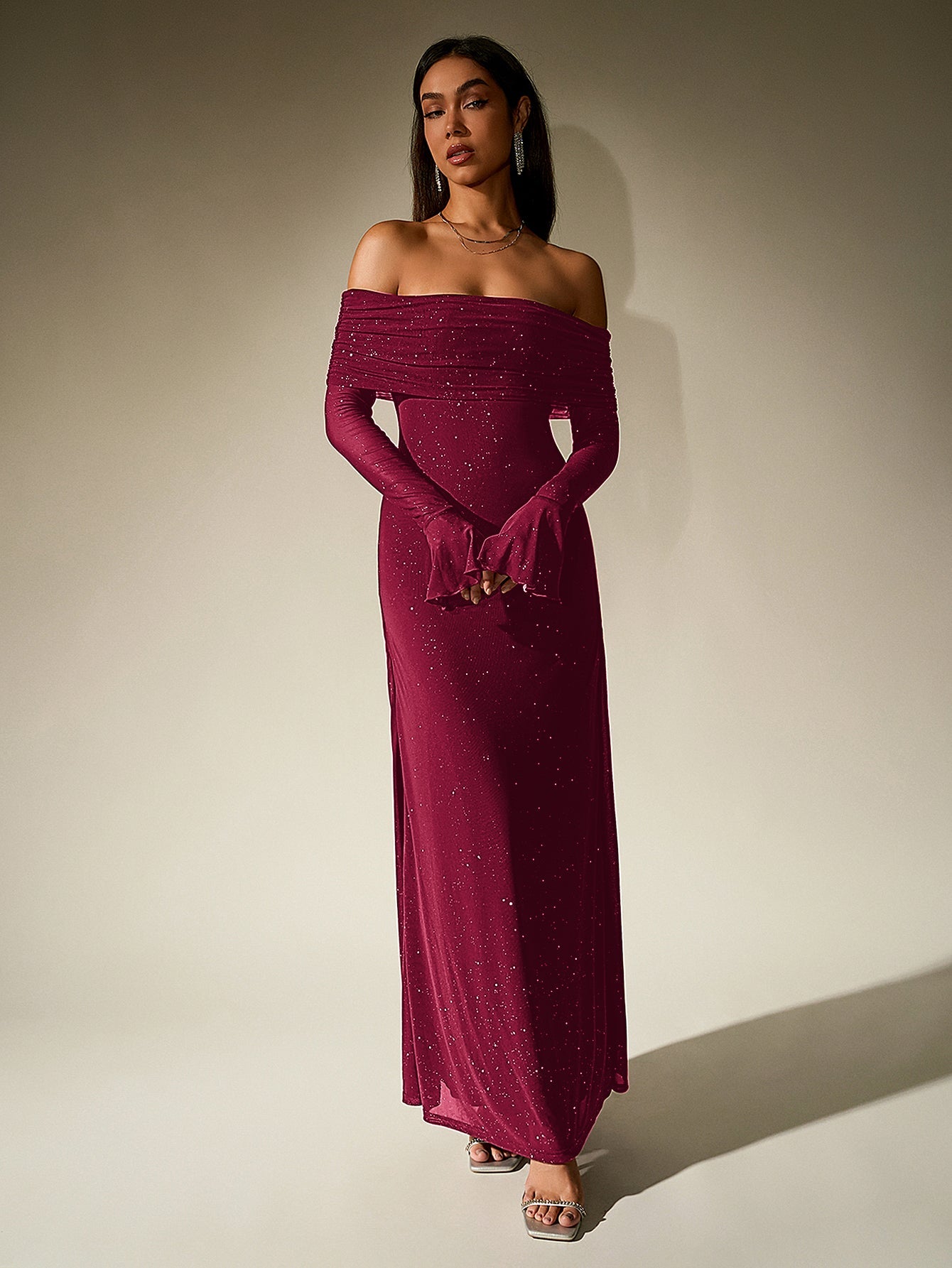 Off Shoulder Flounce Sleeve Mesh Sequin Dress