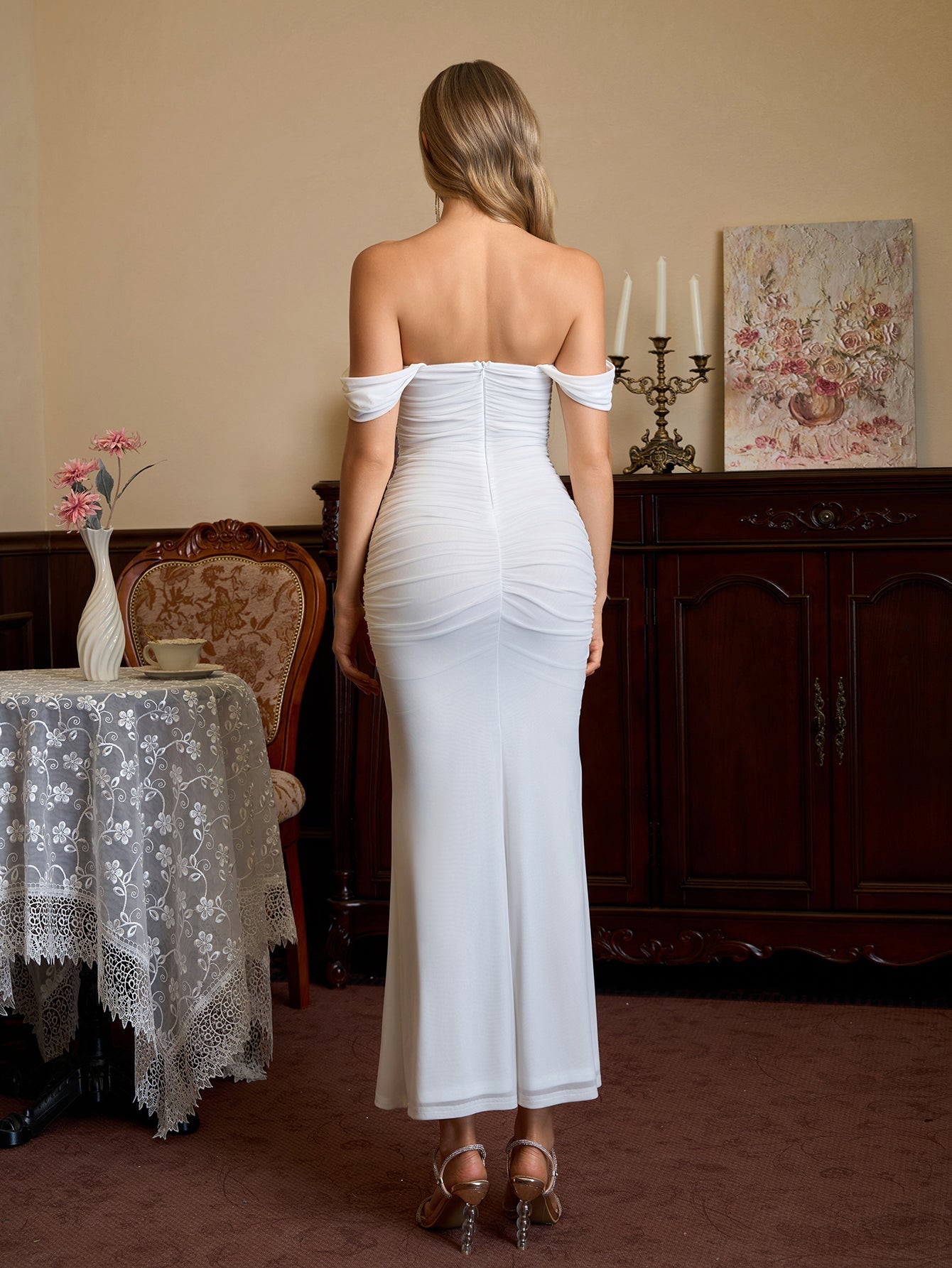 Off Shoulder Ruched Zipper Back Bodycon Dress