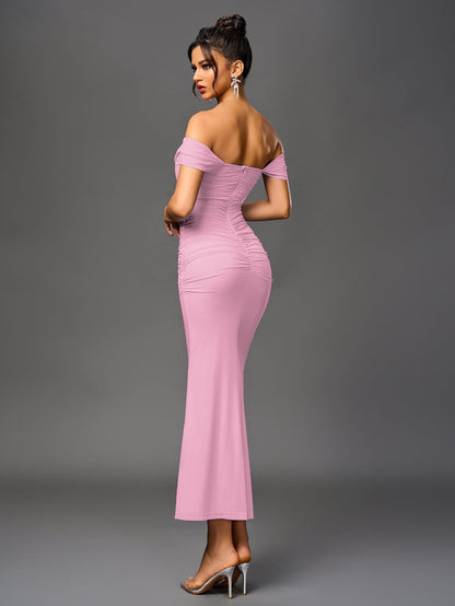 Off Shoulder Ruched Zipper Back Bodycon Dress