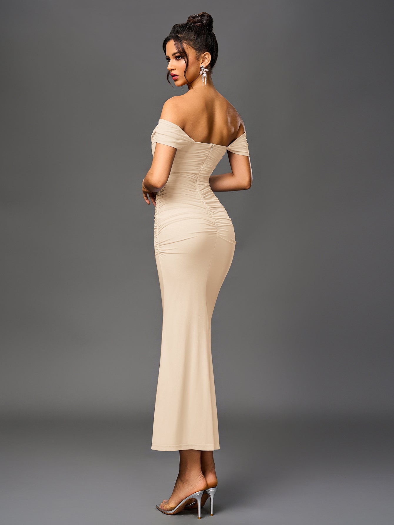 Off Shoulder Ruched Zipper Back Bodycon Dress