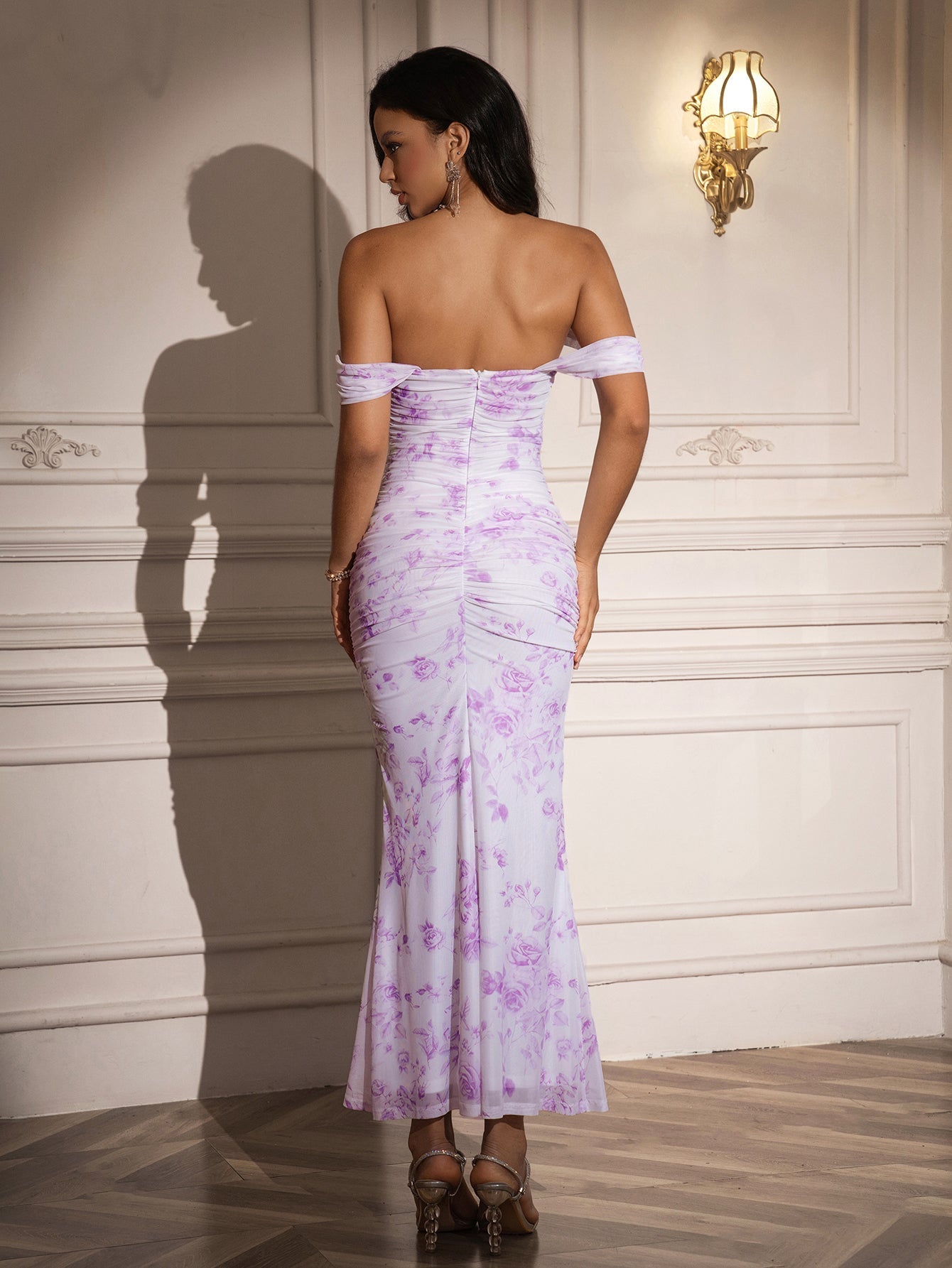 Ruched Off Shoulder Zipper Back Floral Bodycon Dress