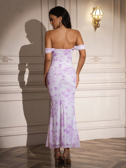 Ruched Off Shoulder Zipper Back Floral Bodycon Dress