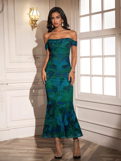 Ruched Off Shoulder Zipper Back Floral Bodycon Dress