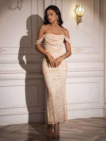 Ruched Off Shoulder Zipper Back Floral Bodycon Dress