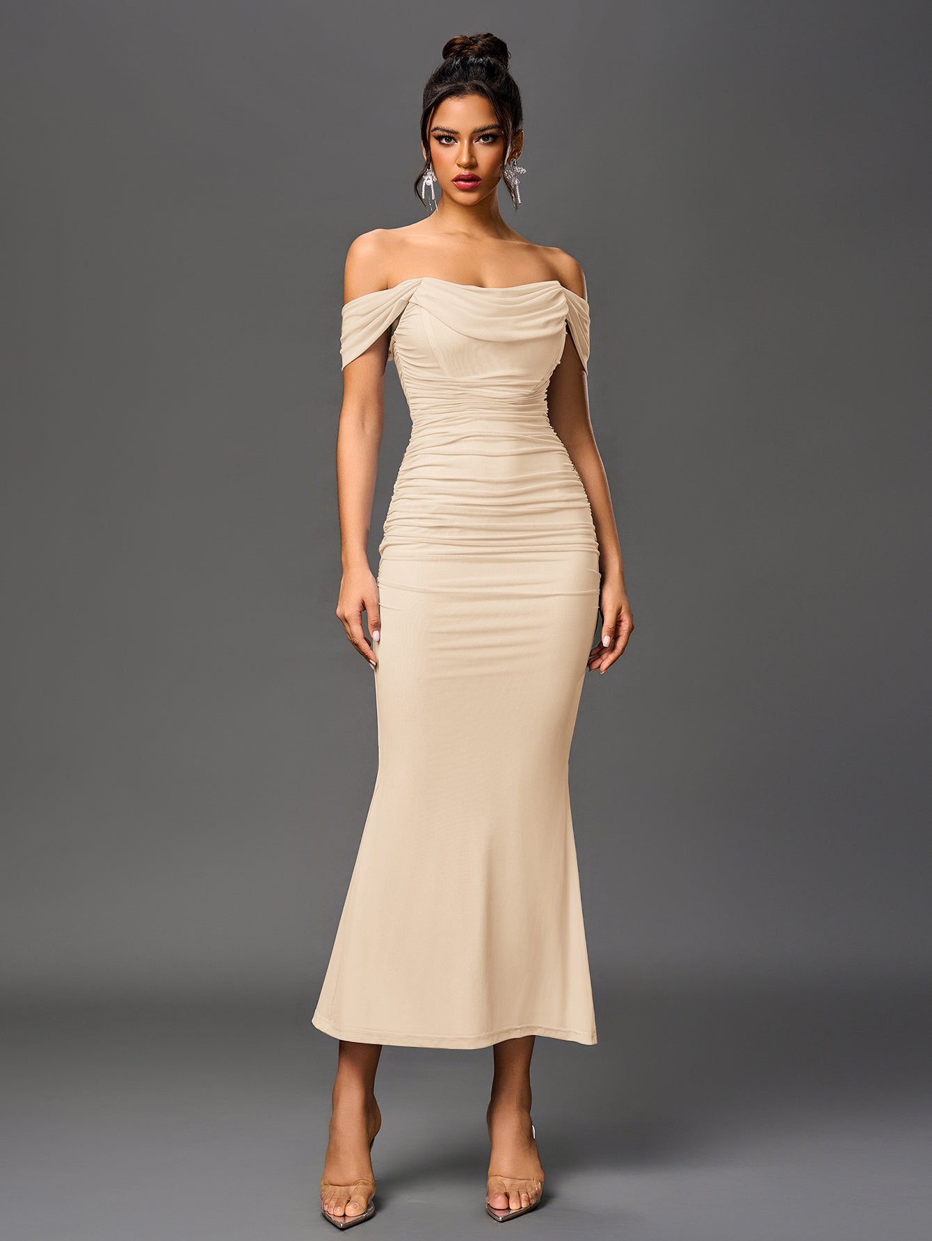 Off Shoulder Ruched Zipper Back Bodycon Dress