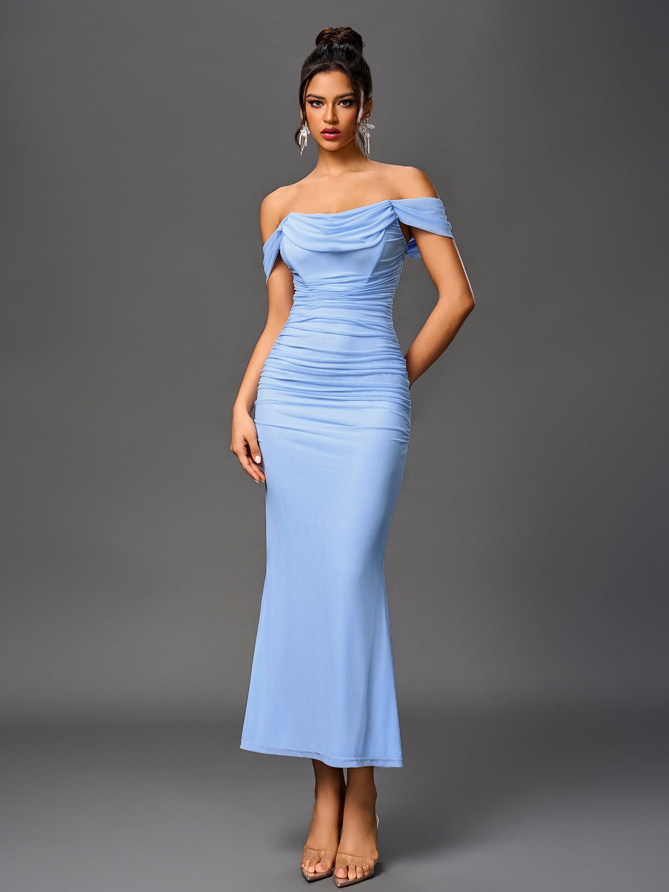 Off Shoulder Ruched Zipper Back Bodycon Dress
