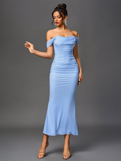 Off Shoulder Ruched Zipper Back Bodycon Dress