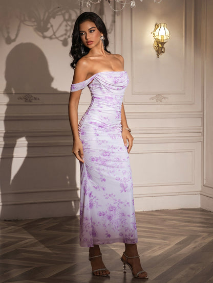 Ruched Off Shoulder Zipper Back Floral Bodycon Dress