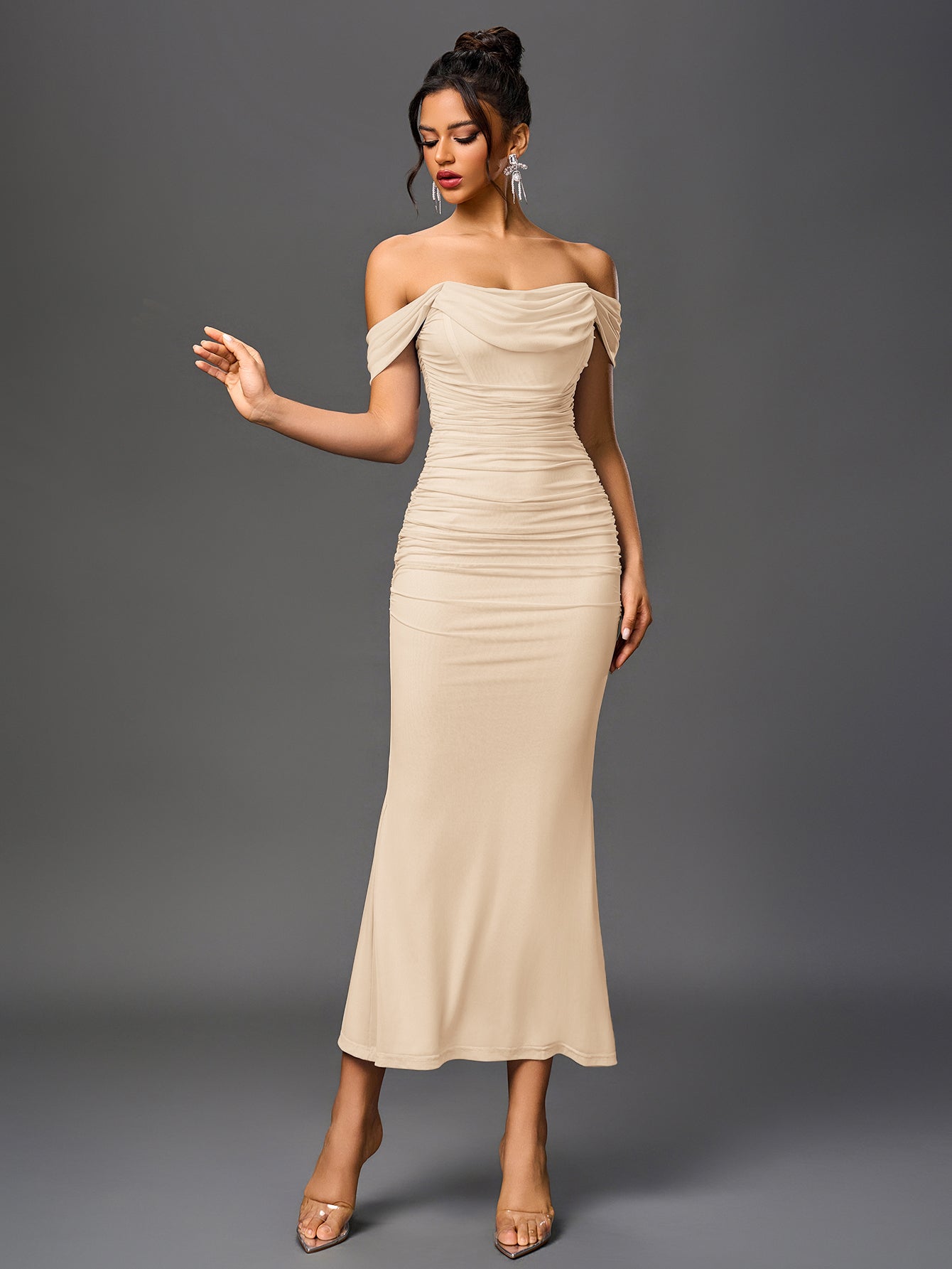 Off Shoulder Ruched Zipper Back Bodycon Dress