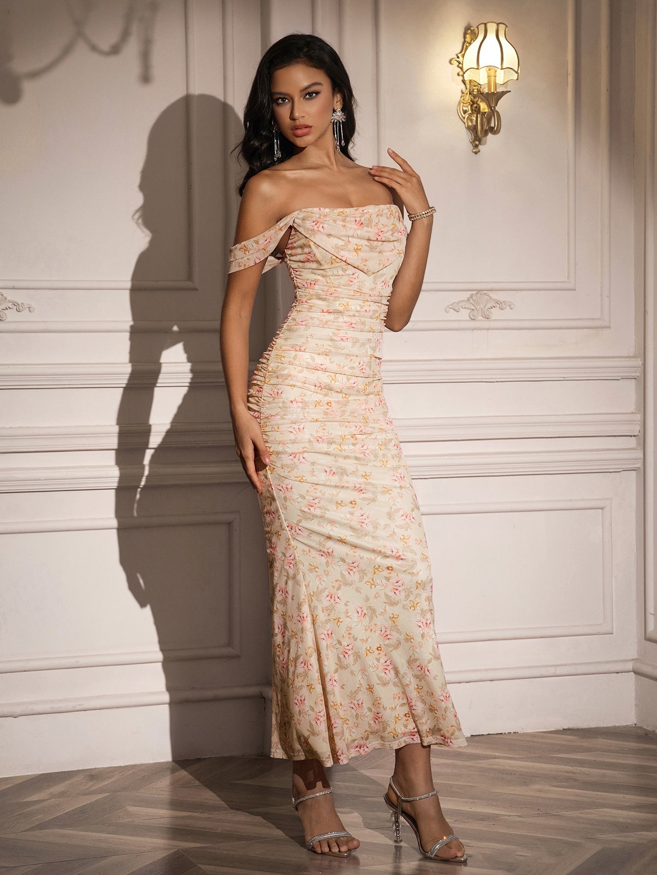 Ruched Off Shoulder Zipper Back Floral Bodycon Dress