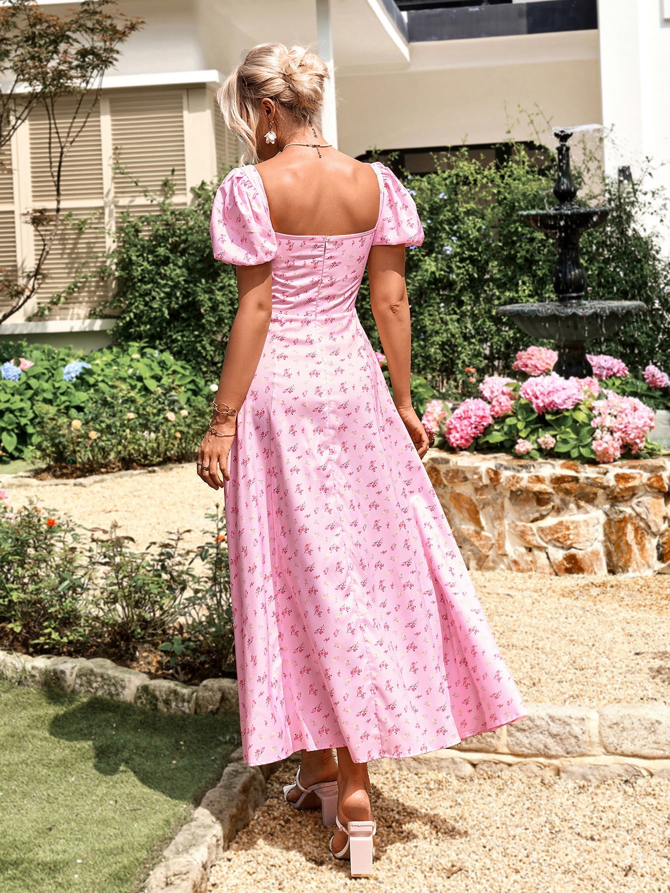 Puff Sleeve High Split Floral Print Dress