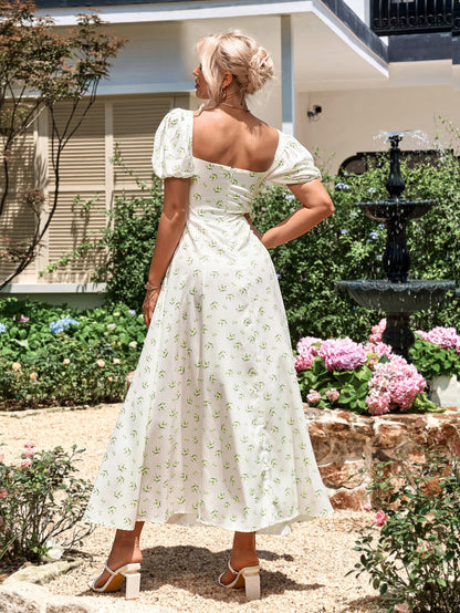 Puff Sleeve High Split Floral Print Dress