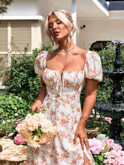 Puff Sleeve High Split Floral Print Dress