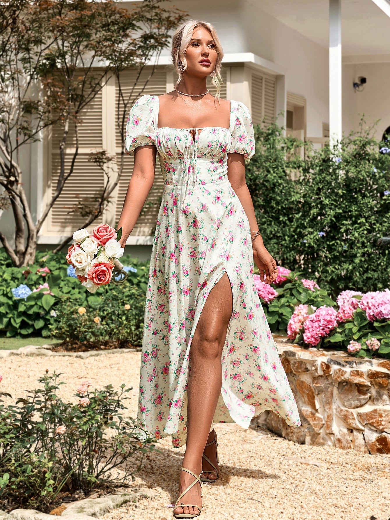 Puff Sleeve High Split Floral Print Dress