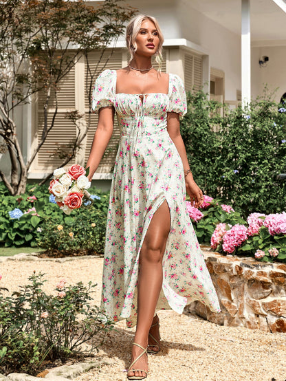 Puff Sleeve High Split Floral Print Dress