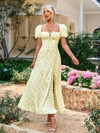 Puff Sleeve High Split Floral Print Dress