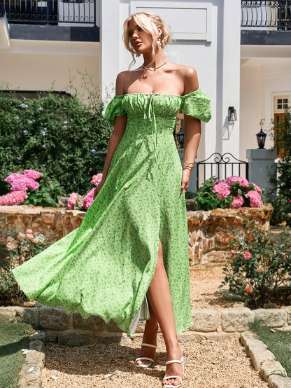 Puff Sleeve High Split Floral Print Dress