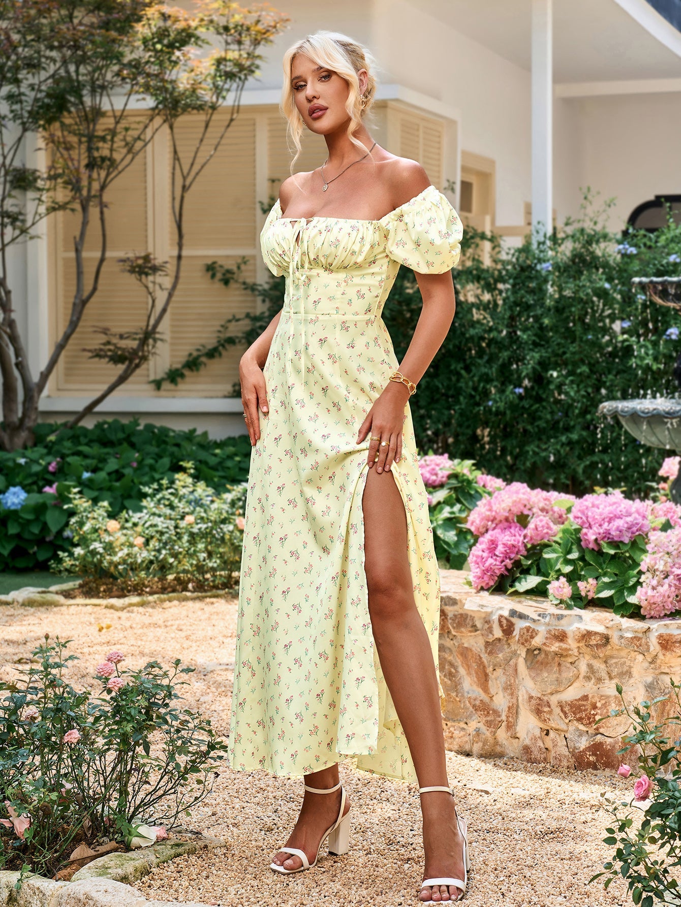 Puff Sleeve High Split Floral Print Dress