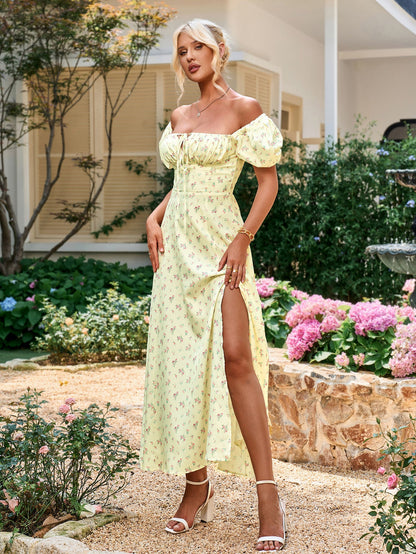 Puff Sleeve High Split Floral Print Dress