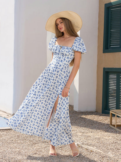 Puff Sleeve High Split Floral Print Dress