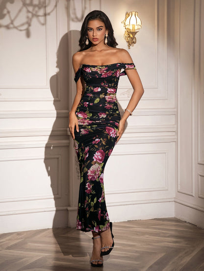 Ruched Off Shoulder Zipper Back Floral Bodycon Dress