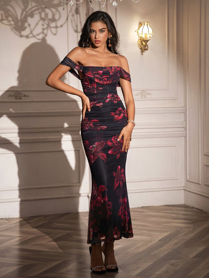 Ruched Off Shoulder Zipper Back Floral Bodycon Dress